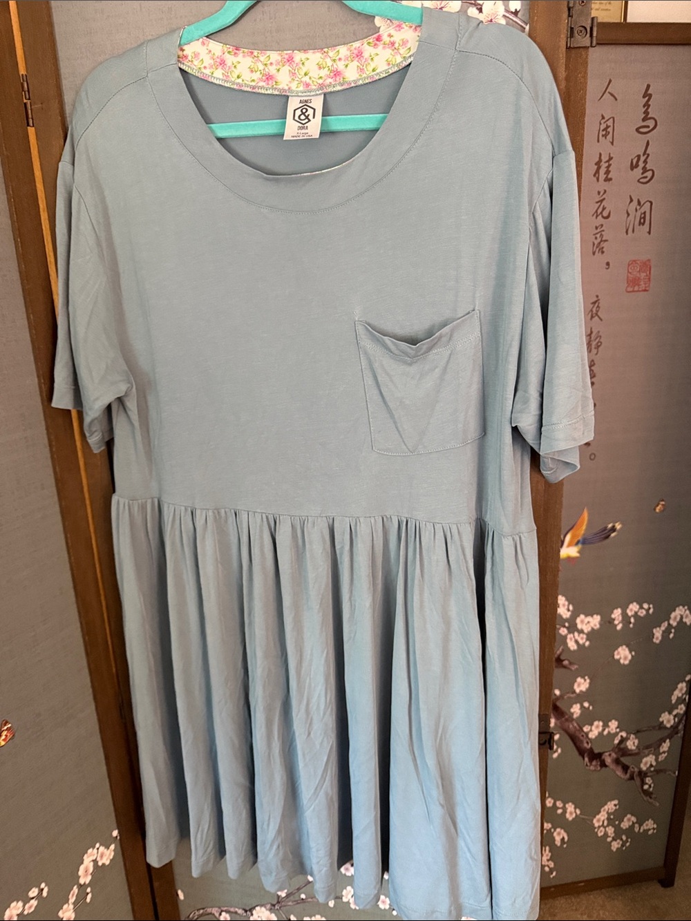 Agnes & Dora Blue Scoop Neck Tunic with Floral Trim